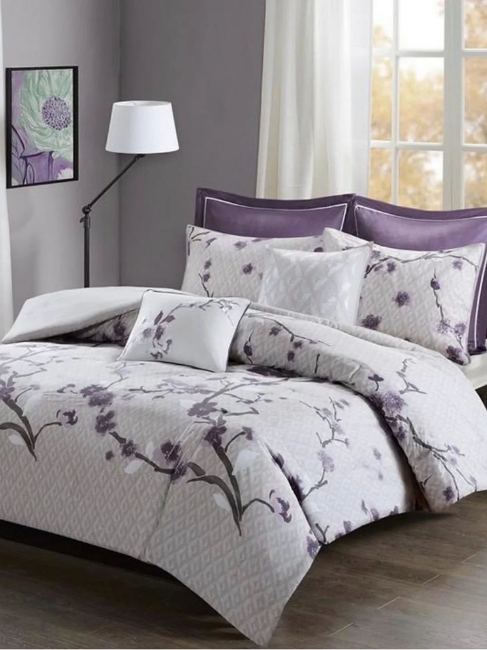 Madison Park Purple and Cream Floral Comforter Set